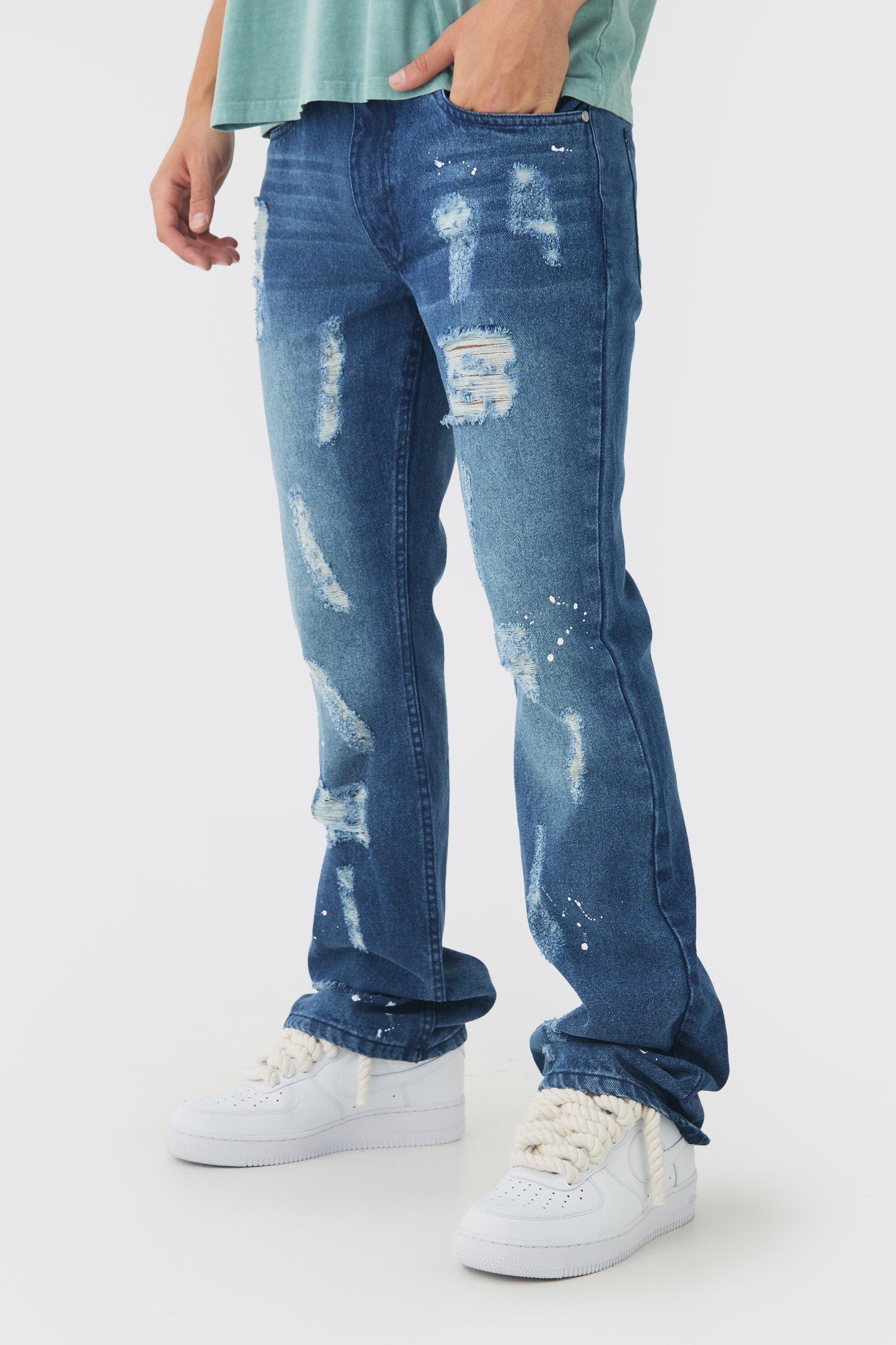 Mens Blue Slim Flared Ripped Paint Splatter Jeans, Blue